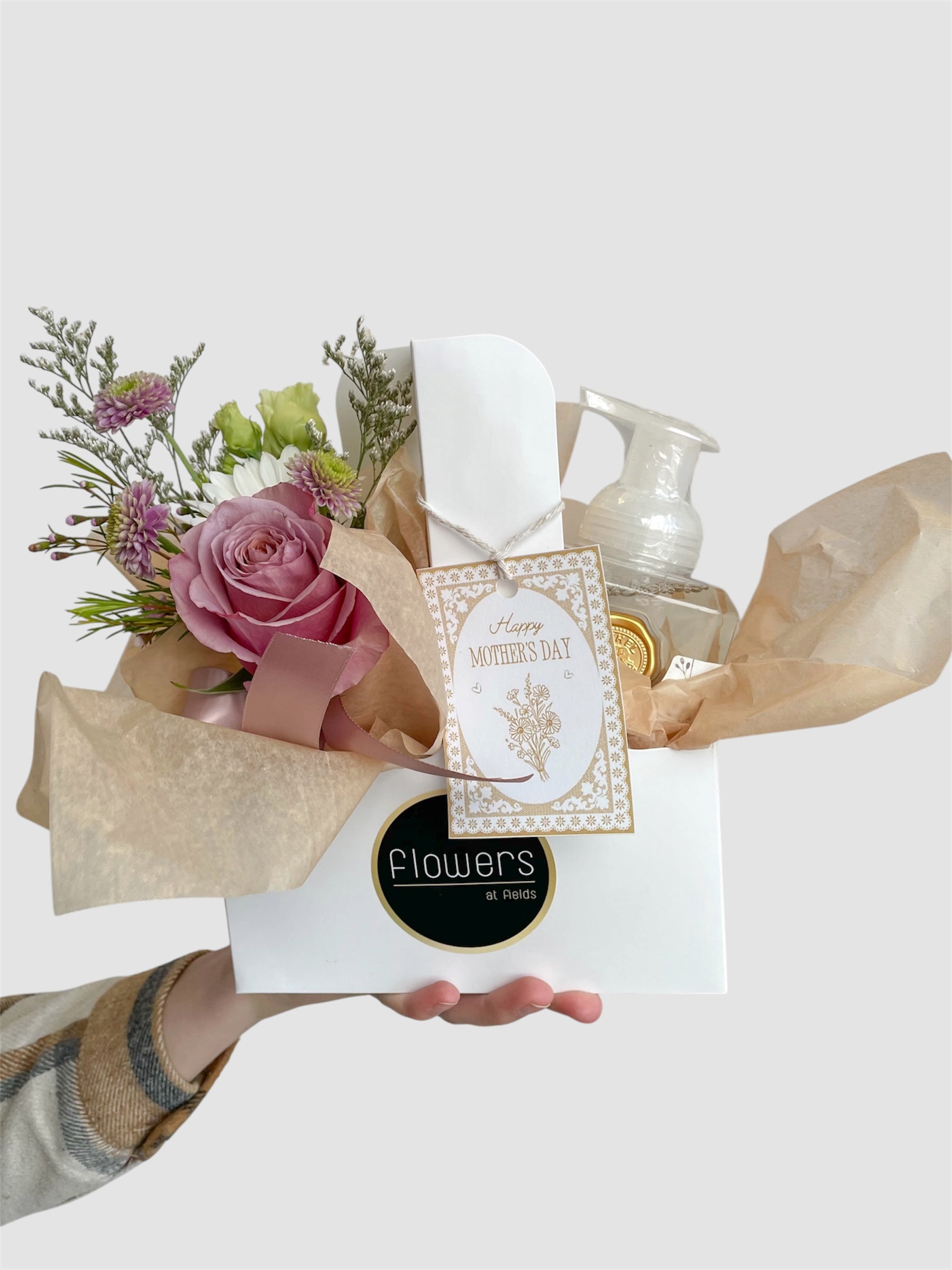 Custom Bloom Carrier gift box with fresh flowers from Flowers at Fields