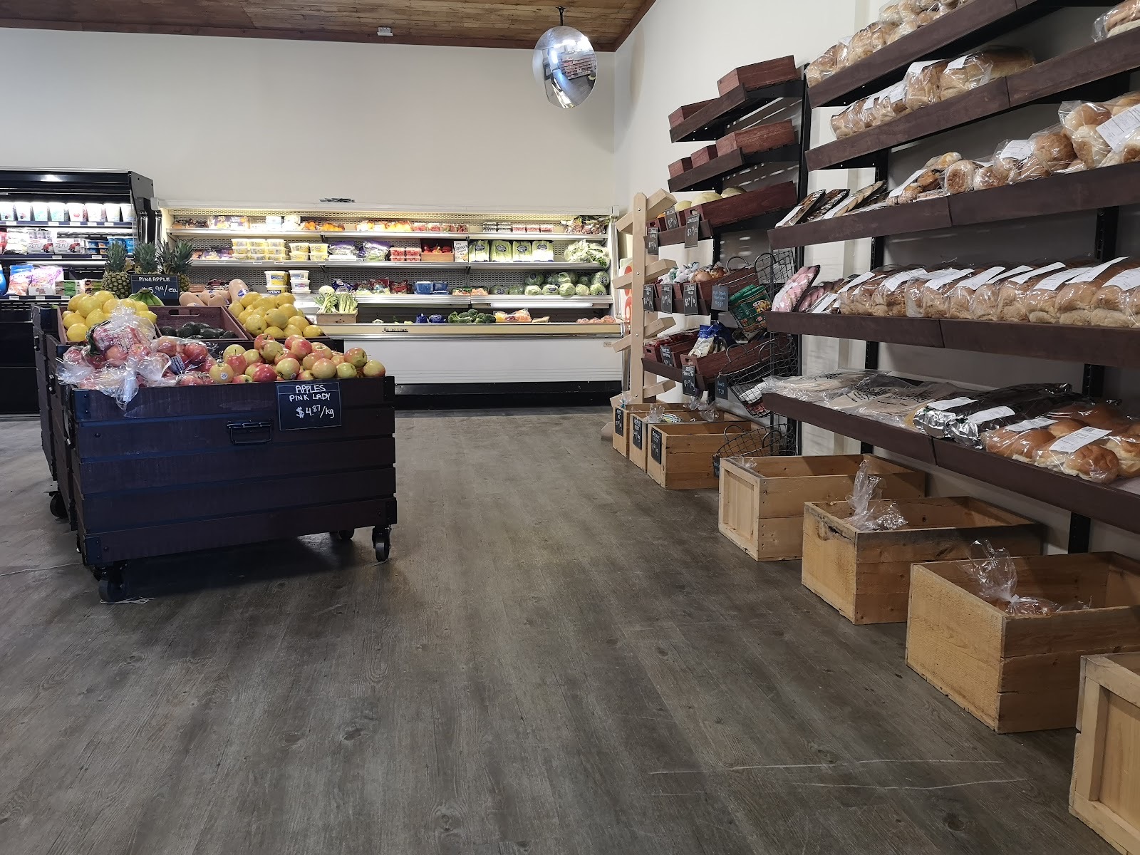 Inside Fields Market grocery store, showing well-stocked shelves